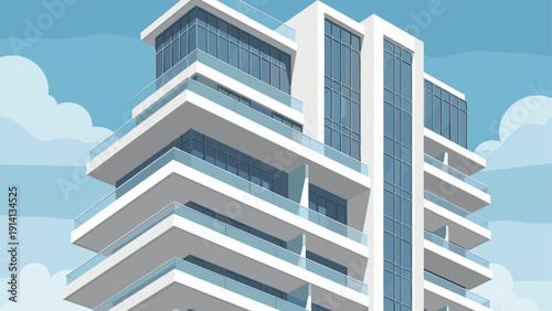 Modern architectural design of a multistory building with blue sky background