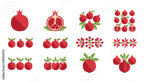 Colorful set of flat pomegranate icons and patterns for fresh design