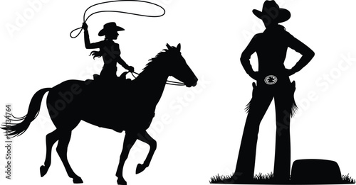 Cowboy silhouettes illustration with horse rider lasso, standing cowboy figure, western rodeo theme, ranch lifestyle, black and white artwork design