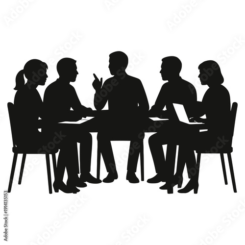 Group of business people sitting in a cafe working and socializing silhouetted vector illustration
