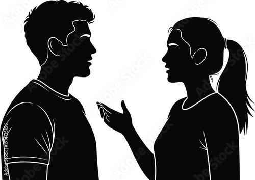 Communication silhouette vector illustration, two people talking, male female dialogue, social interaction artwork, conversation design, black outline vector graphic