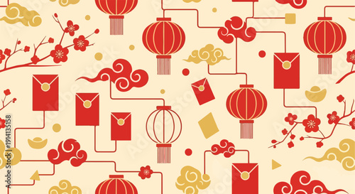 Traditional Chinese New Year seamless pattern with red lanterns, envelopes, and cherry blossoms on a cream background