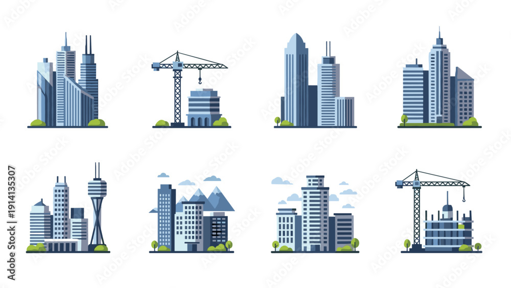 Obraz premium Modern urban cityscape with various buildings and construction crane in flat design