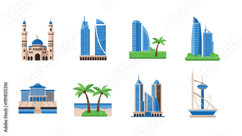 Icon set of modern buildings and landmarks with palm trees in flat style