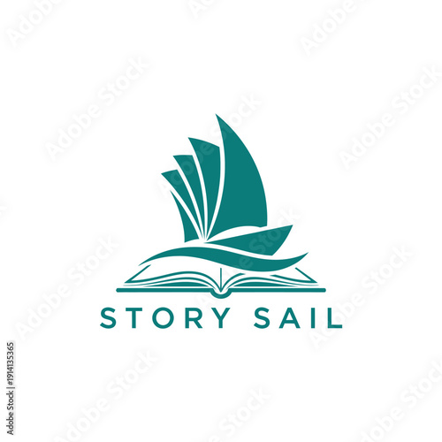 Teal sailing ship on open book icon for education travel agency or maritime library business branding story sail logo