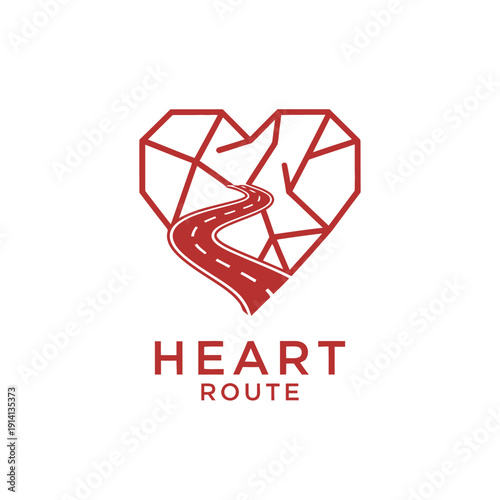 Winding road inside geometric heart icon for travel agency and romantic journey branding identity professional business heart route logo