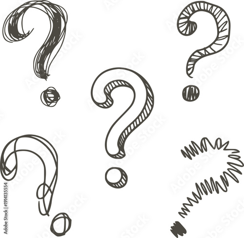 Five hand drawn question marks in various sketchy styles symbol punctuation query