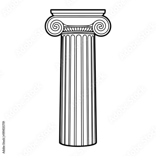 Ionic Column. Classical ancient Greek fluted pillar with decorative volutes isolated. Black and white vector line art illustration for historical architectural design and antique Roman building elemen