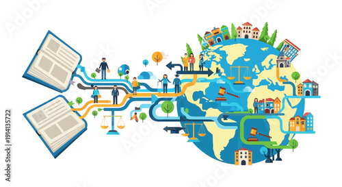 Illustration of a colorful world map with diverse icons and symbols for social justice and education on a white background.