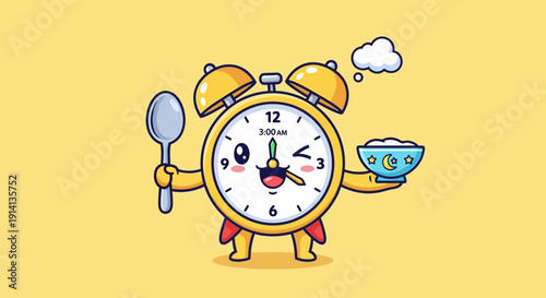 Cute cartoon alarm clock character ready for an early breakfast meal, holding a spoon and cereal bowl with a cheerful smile