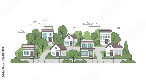 Cozy Suburban Neighborhood with Modern Houses, Green Trees, and Clouds