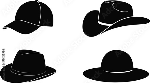 Hat silhouettes illustration with baseball cap, cowboy hat, fedora, wide-brim style, fashion accessory diversity, black and white artwork concept
