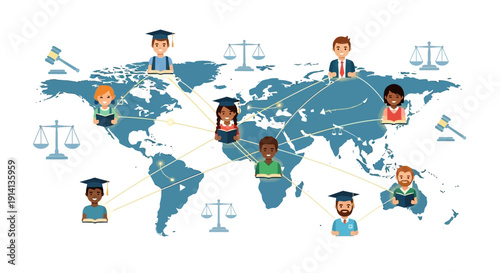 Illustration of diverse people in graduation attire connected around a blue world map with scales of justice icons on a white background for a global education and social justice concept.