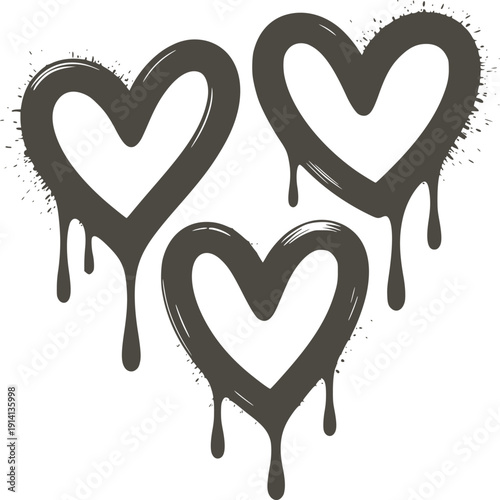 Three grey dripping hearts with spray paint splatter effect