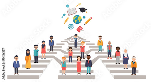 Illustration of diverse people on steps with education icons and a globe, symbolizing social justice and equality in education on a white background.
