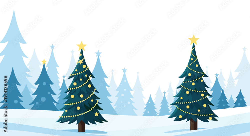 Obraz premium Beautiful winter landscape features decorated Christmas trees standing in a snowy field against a blue forest backdrop.