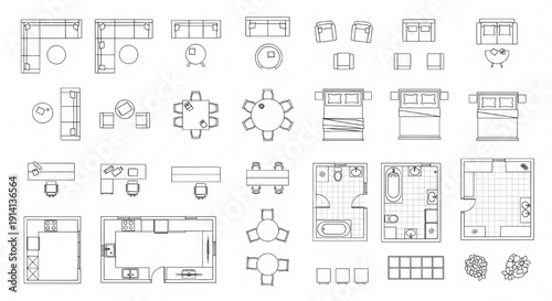 Furniture Floor Plan Symbols Top View Set – Thin Line Interior Design Blueprint Icon Pack