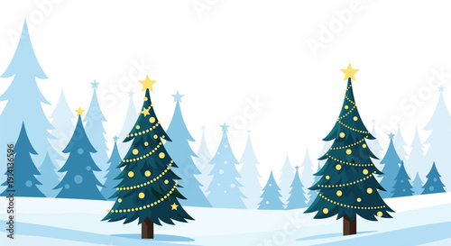 Beautiful winter landscape features decorated Christmas trees standing in a snowy field against a blue forest backdrop.
