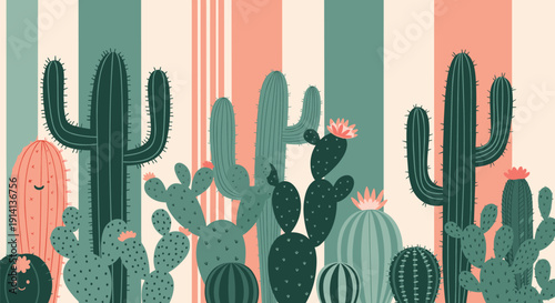 Fun desert illustration features many types of cacti with cute faces and pink flowers on a striped pastel background.