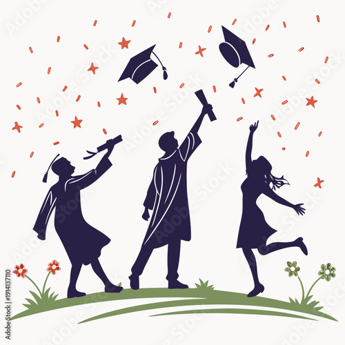 Graduation caps tossed in air by three graduates celebrating