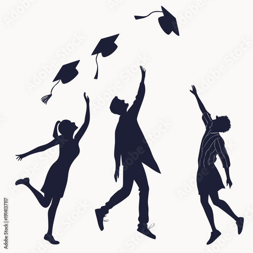 Students celebrating graduation with tossed mortarboards