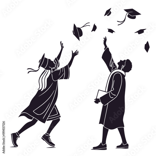 Black silhouette of graduates throwing caps graduation