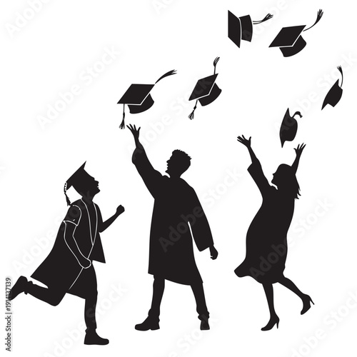 Black silhouettes of graduates throwing caps in air