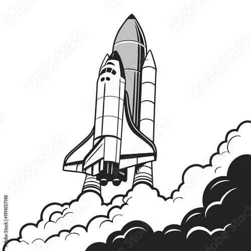 Black and white of space shuttle rocket rising above clouds