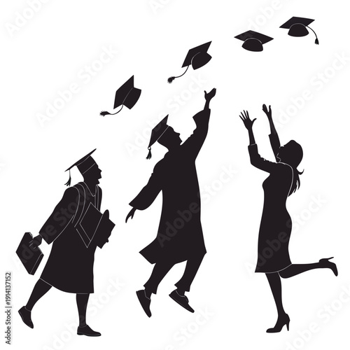 Black silhouette of graduates tossing caps graduation