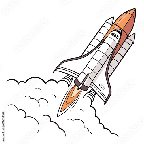 Orange and white space shuttle rocket rising through clouds