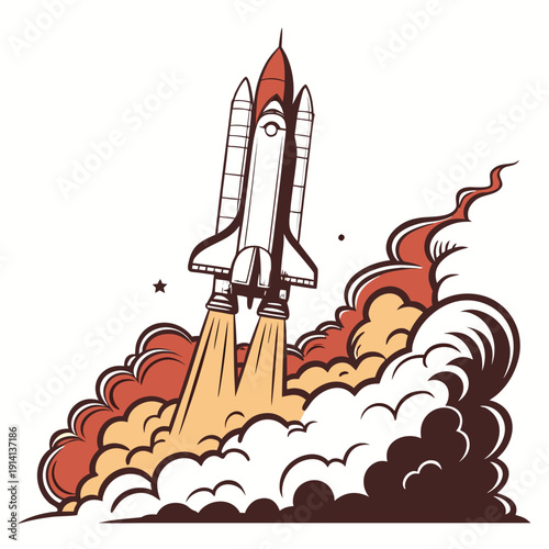 Of a space shuttle launching with smoke and flames