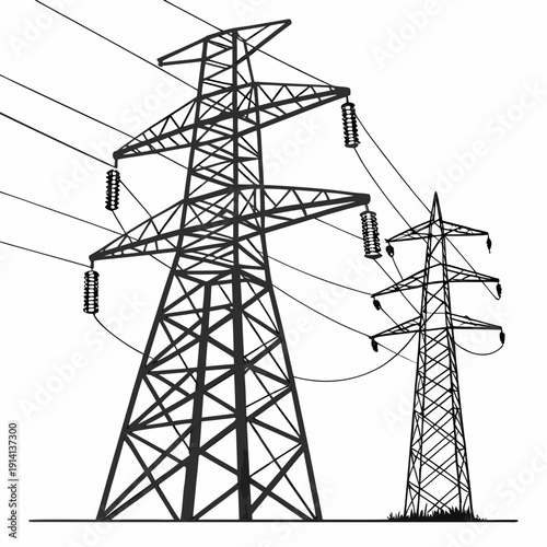 Black and white of two electricity transmission towers