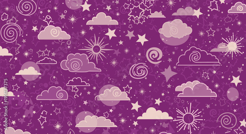 Whimsical purple night sky illustration features stylized clouds, glowing stars, and radiant sun symbols in a seamless pattern.