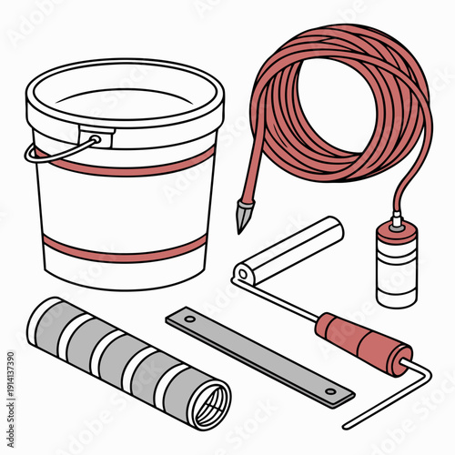White bucket red cord screwdriver metal ruler paint roller extension pole