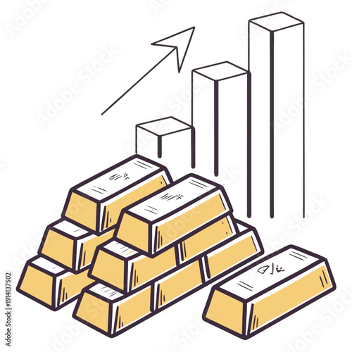 Gold bars stacked with rising graph bars gold ingots
