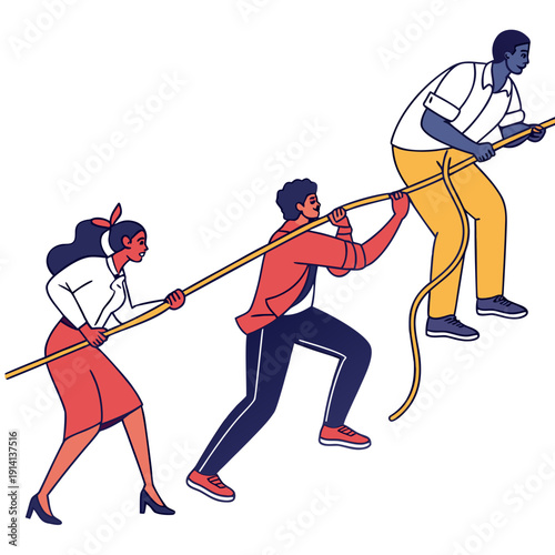 Teamwork struggle pulling rope together people