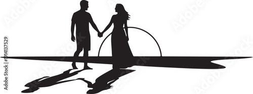 Romantic solid black silhouette of a couple holding hands on the beach during sunset with shadows.