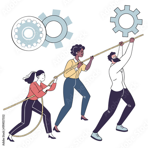 Teamwork concept with diverse people pulling rope with gear