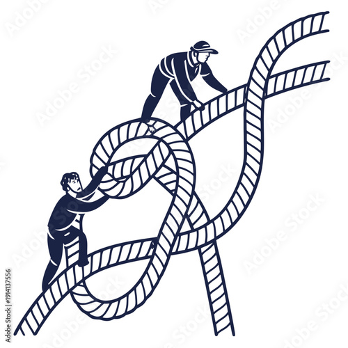 Two men working together to untangle a large rope teamwork