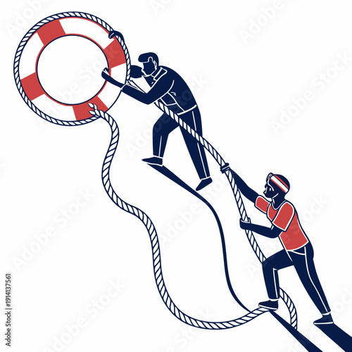 Teamwork concept with two people pulling a rope and lifebuoy
