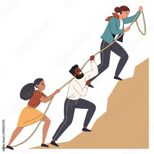 Teamwork helping woman climb up steep hill using rope