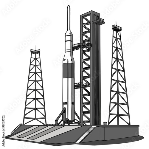 Space launch pad with rocket and towers space exploration