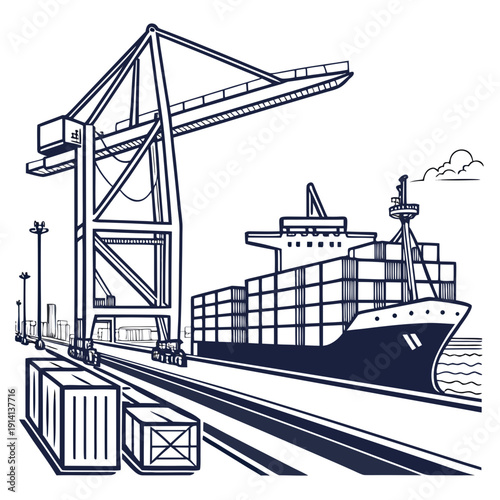 Cargo ship docked at port with crane and containers