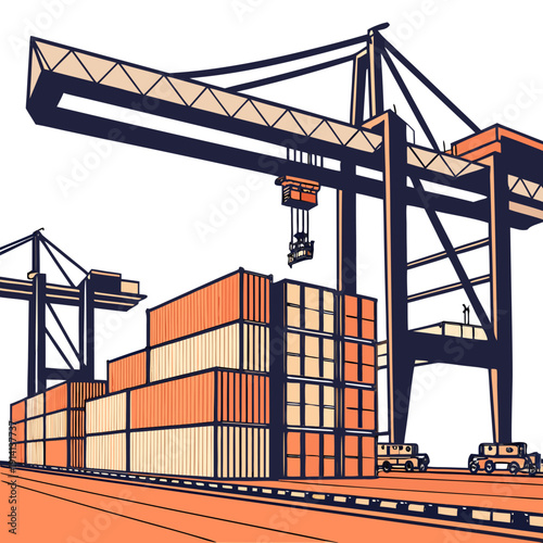 Cargo containers stacked at port with cranes and trucks