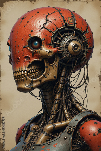 Steampunk robot with red cracked head, exposed gears, and tangled wires. Vintage aesthetic, intricate mechanical details, and weathered textures create a retro-futuristic, industrial atmosphere.