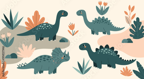 Adorable cartoon dinosaurs like a stegosaurus and triceratops explore a prehistoric land with colorful plants and trees.