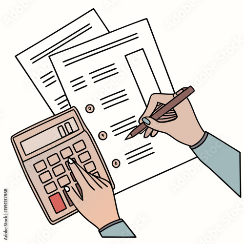 Hand holding pencil calculating on paperwork with calculator