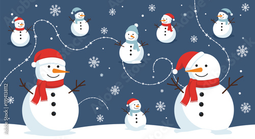 Festive winter scene depicts a happy family of snowmen wearing red and blue hats in a snowy night with white flakes.