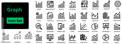 Line art vector of Graph icon set. Line icons of Bar graph for growth, pie chart for statistics, line graph with magnifier for market research and analysis. Outline icons set. 