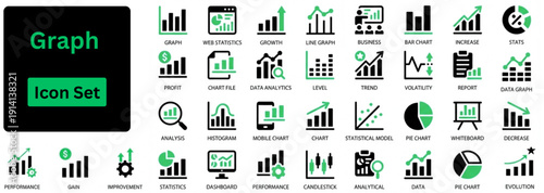 Silhouette vector of Graph icon set. Icons of performance, gain, improvement, grow, chart, increase, evolution and development icons. Solid icons set. 